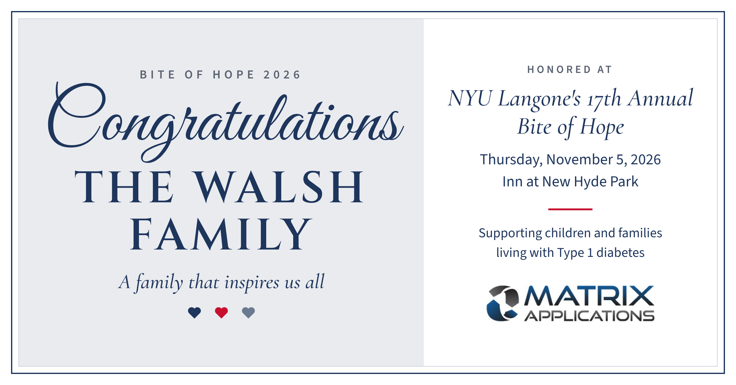 NYU Langone Honors the Walsh Family at Bite of Hope for Pediatric Type 1 Diabetes Care